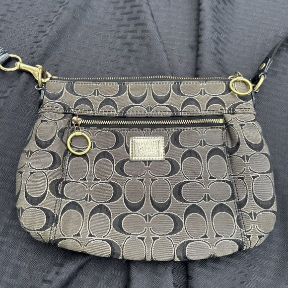 Coach Women's Brown Black Signature Print Poppy Pockets Adjustable Crossbody Bag - Picture 1 of 14